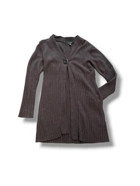 Brown Ribbed Trim Longline Minimal Cardigan